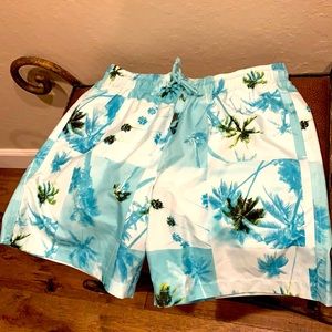 Brand New no tags! Hawaiian tropic swim trunks teal & white with beautiful palms